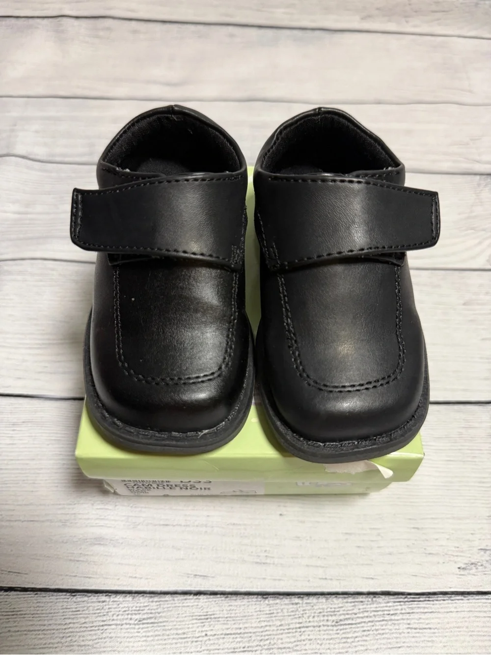 Toddler Boys Black Leather Dress Shoes with Hook-and-Loop Strap